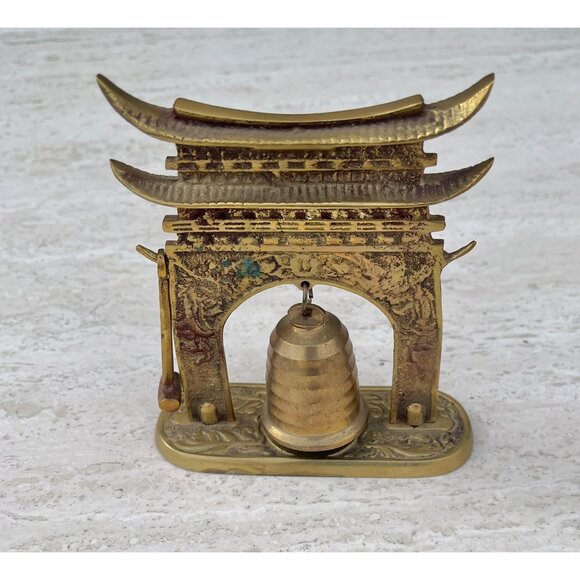 Brass Japanese Inspired Temple Bell Hammer & Gong   Ornate Vintage Cross Striker - Picture 2 of 11